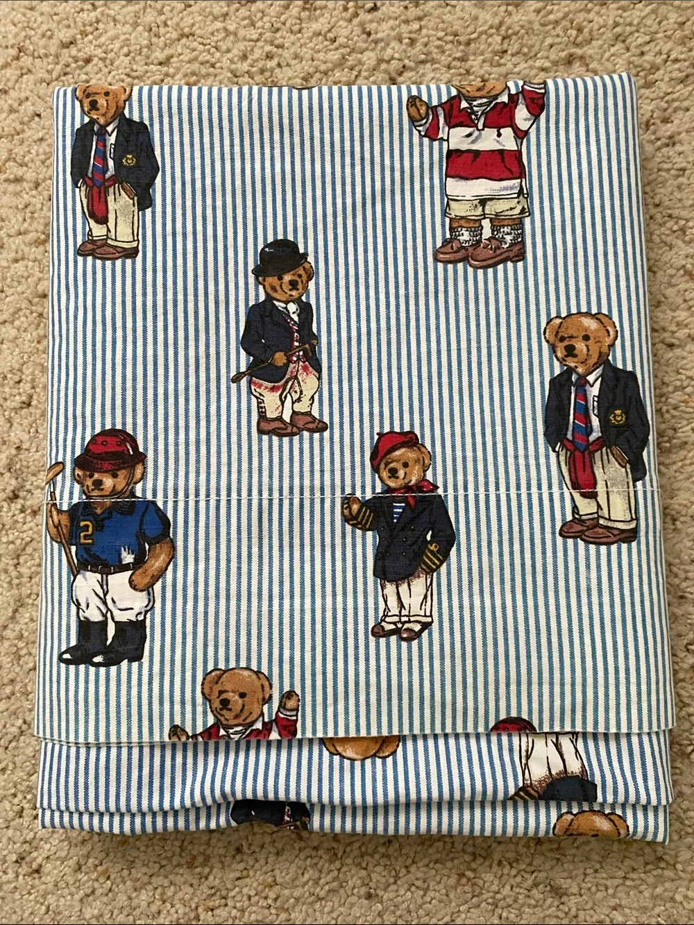 Vintage Ralph Lauren “Polo Bear” Blue Striped Flat Sheet. Twin.